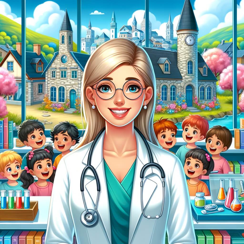 Une illustration destinée aux enfants représentant une femme médecin passionnée, entourée de patients souriants, dans une clinique colorée remplie d'équipements médicaux étincelants et de livres d'aventures médicales, située au cœur d'une petite ville paisible avec des maisons en pierre, des arbres fleuris et un ciel bleu éclatant.