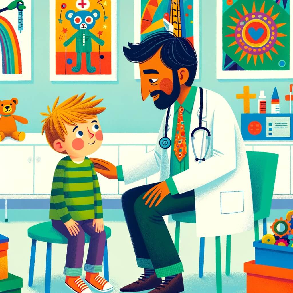 Une illustration destinée aux enfants représentant un jeune homme courageux, affrontant sa peur de voir le médecin, accompagné d'un adorable docteur bienveillant, dans une clinique colorée remplie de jouets et de dessins joyeux.