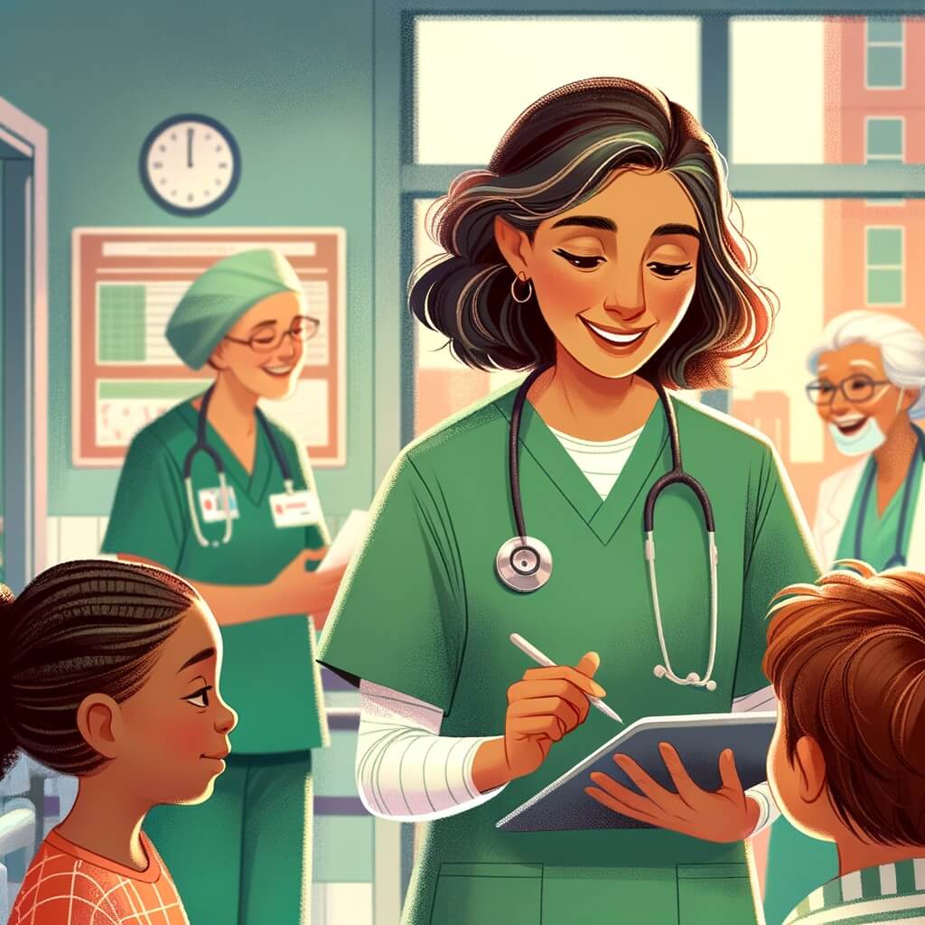 Une illustration pour enfants représentant une femme passionnée par la médecine, se trouvant dans un hôpital où elle aide les patients à se sentir mieux.