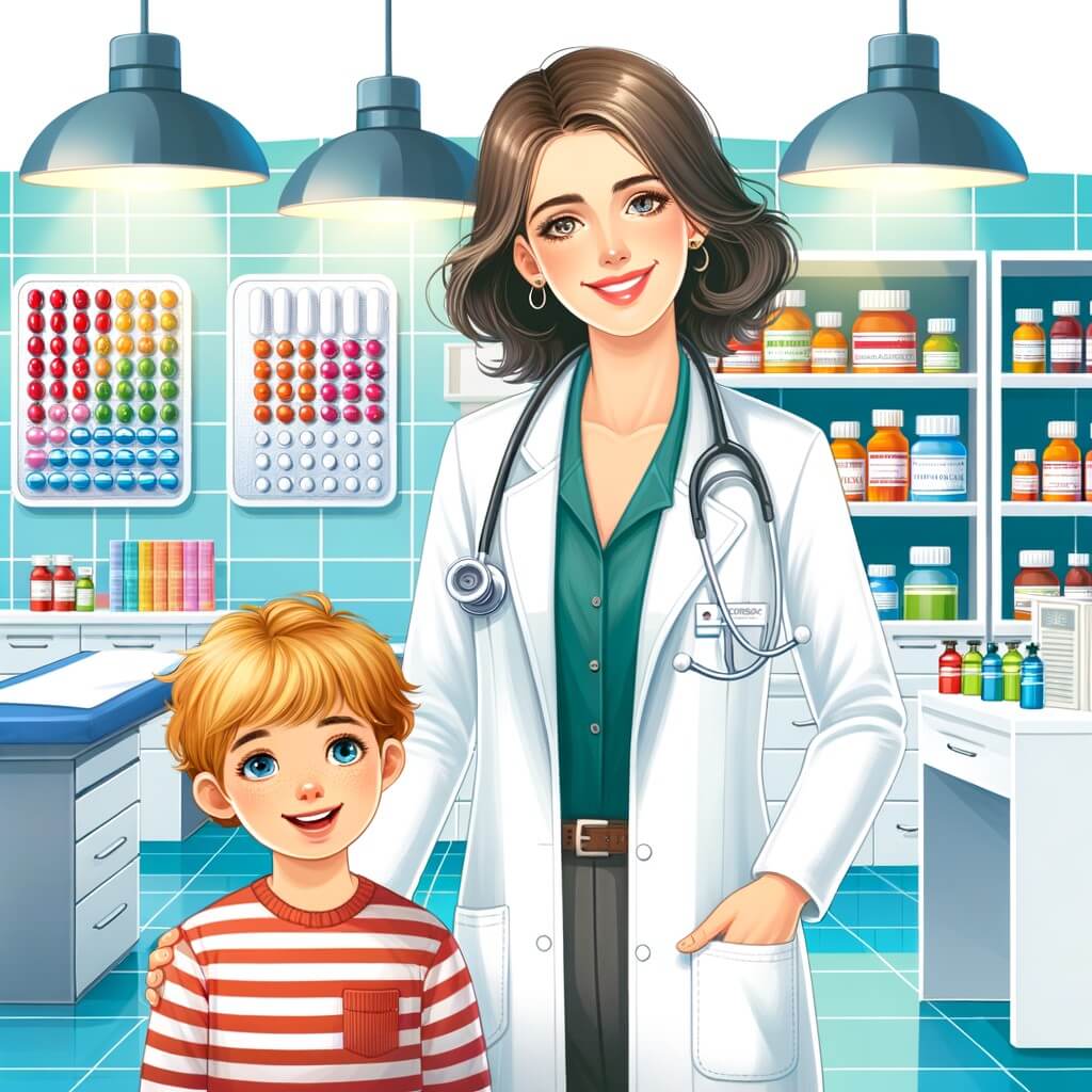 Une illustration destinée aux enfants représentant une femme médecin passionnée, accompagnée d'un jeune garçon curieux, dans un hôpital lumineux avec des salles d'attente colorées, des salles d'examens remplies d'instruments médicaux étincelants, et une pharmacie remplie de pilules et de flacons étiquetés.