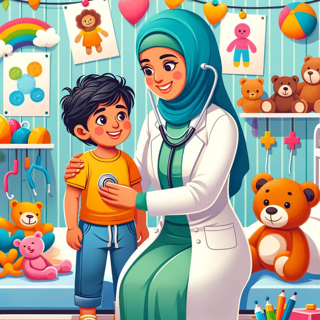 Une illustration pour enfants représentant une jeune femme passionnée par son métier de médecin qui aide un petit garçon blessé sur une plage ensoleillée.
