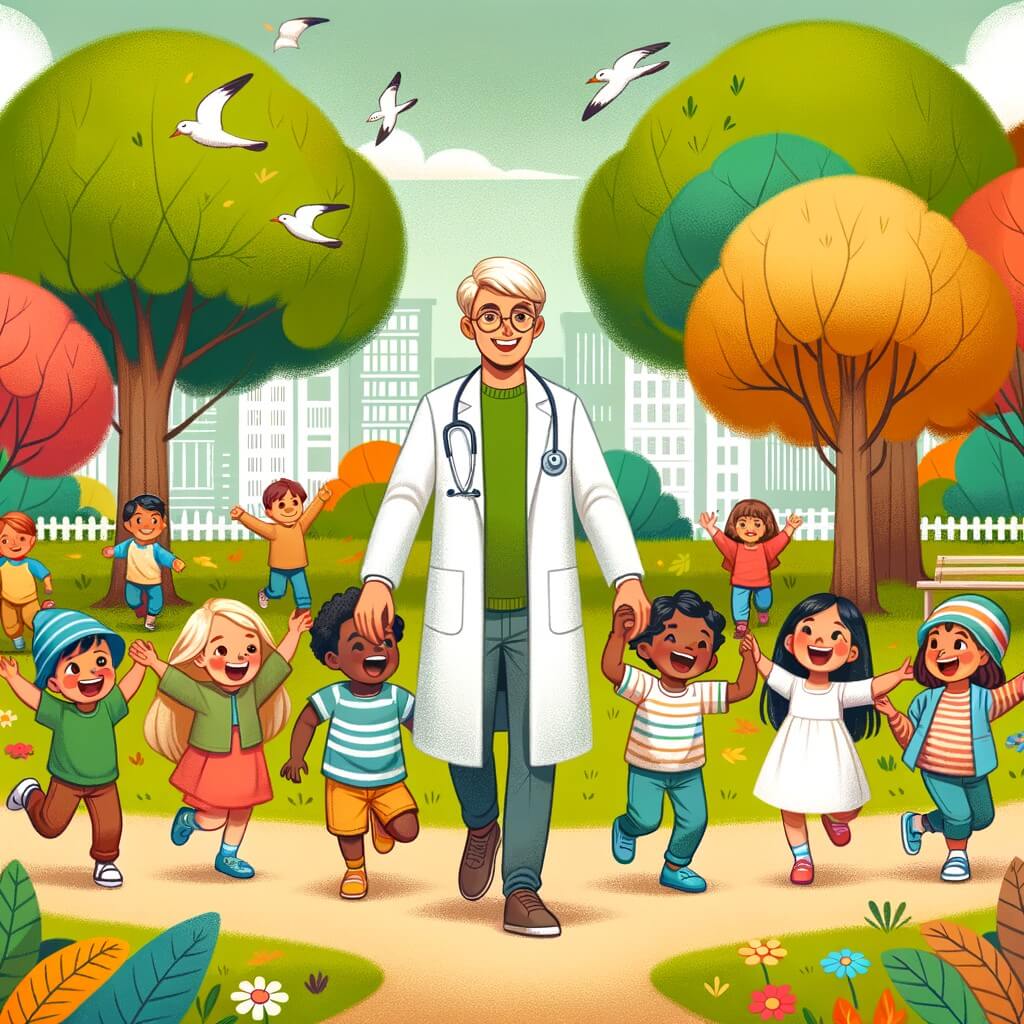 Une illustration destinée aux enfants représentant un homme bienveillant en blouse blanche, accompagné d'un groupe d'enfants joyeux, jouant au docteur dans un parc verdoyant avec des arbres aux feuilles chatoyantes et des fleurs colorées.