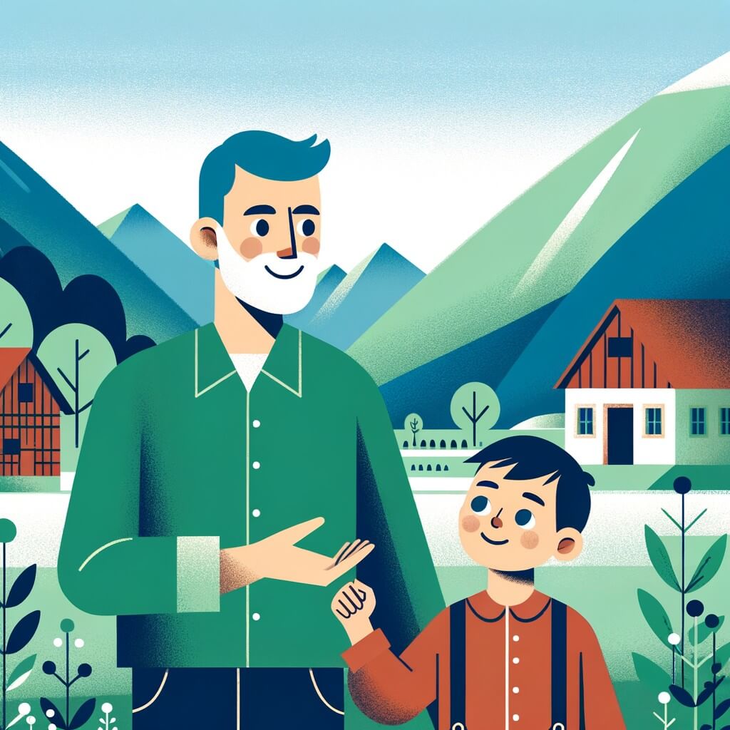 Une illustration destinée aux enfants représentant un homme au sourire bienveillant, accompagné d'un enfant curieux, dans un village paisible entouré de montagnes verdoyantes, où ils découvrent ensemble les mystères du corps humain.