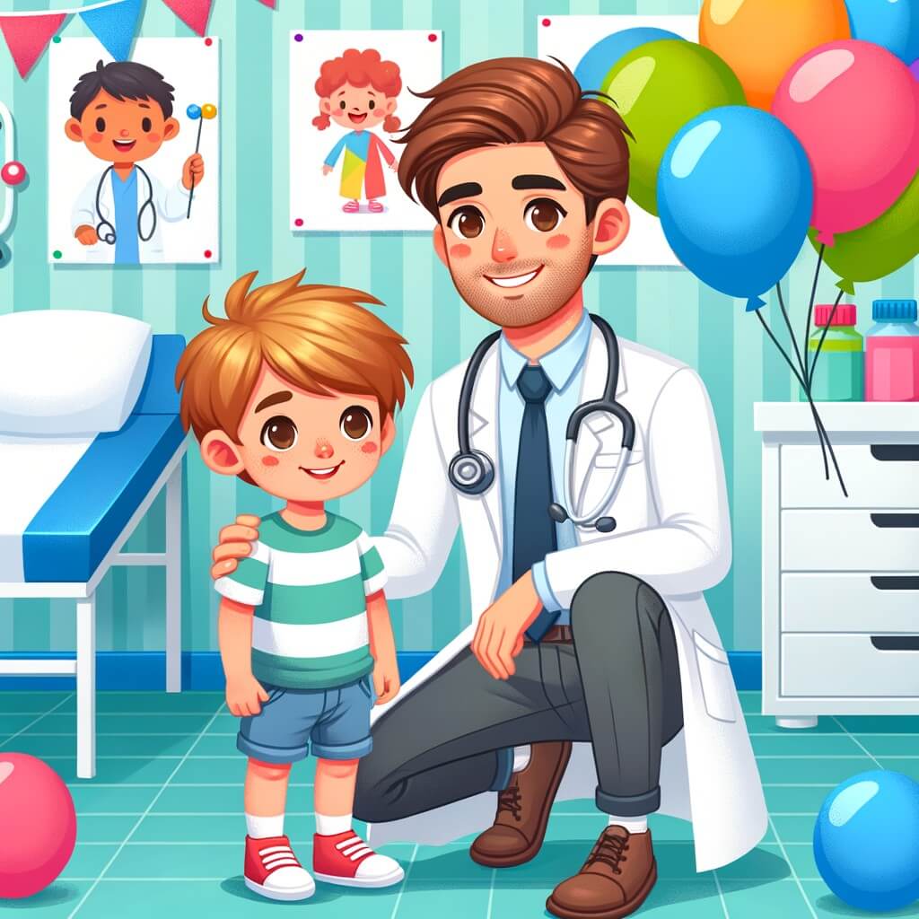 Une illustration destinée aux enfants représentant un jeune médecin au cœur généreux, accompagné d'un petit garçon curieux, dans son cabinet médical coloré rempli de ballons et d'affiches joyeuses.
