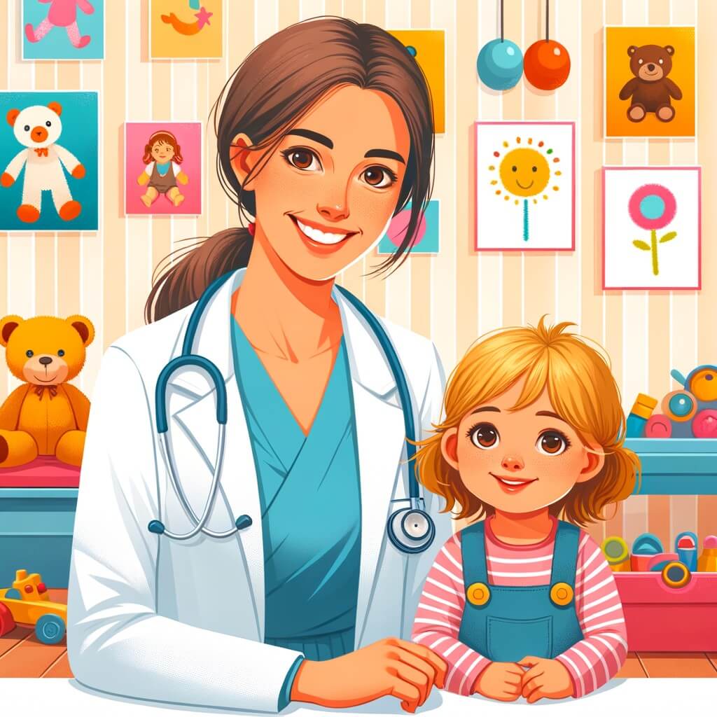 Une illustration destinée aux enfants représentant une femme médecin souriante, accompagnée d'une petite fille curieuse, dans une clinique colorée et chaleureuse remplie de jouets et de dessins accrochés aux murs.