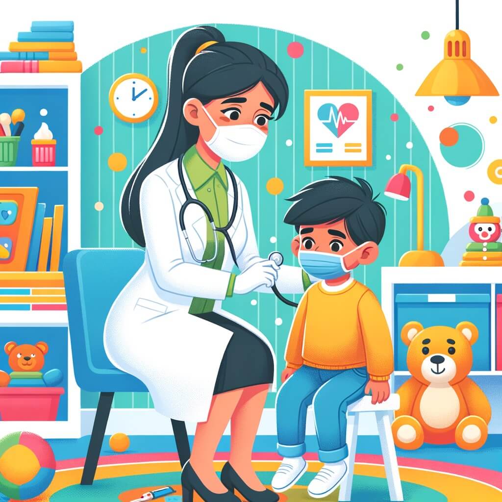 Une illustration destinée aux enfants représentant un médecin bienveillant, vêtu d'une blouse blanche, s'occupant d'un petit garçon malade dans une clinique lumineuse et colorée remplie de jouets et de livres.