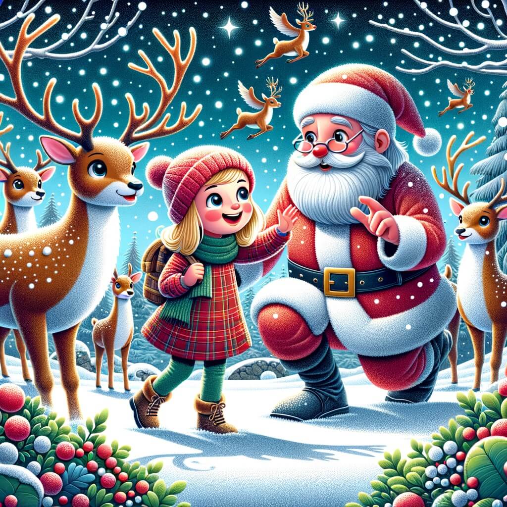 Une illustration destinée aux enfants représentant une petite fille joyeuse et curieuse, entourée de rennes dans un jardin enneigé, alors qu'elle aide le Père Noël à retrouver ses rennes égarés pour pouvoir livrer les cadeaux de Noël à temps.