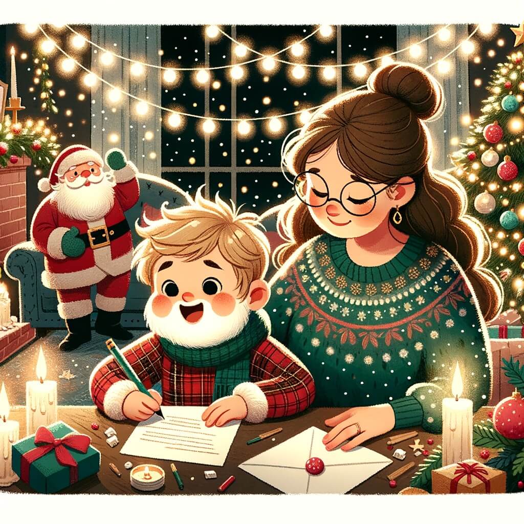 Une illustration destinée aux enfants représentant un petit garçon, plein d'enthousiasme, écrivant une lettre au Père Noël avec l'aide de sa mère, tandis qu'ils sont entourés de guirlandes scintillantes et d'un sapin de Noël décoré dans leur chaleureux salon illuminé par des bougies.
