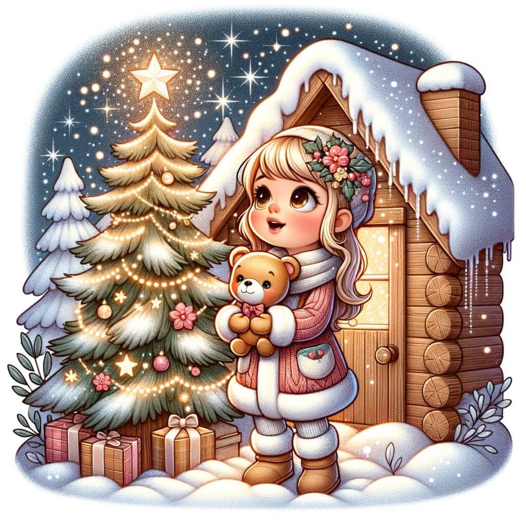 Une illustration pour enfants représentant une petite fille qui écrit une lettre au Père Noël pour demander un cadeau spécial, dans un décor de Noël féerique.