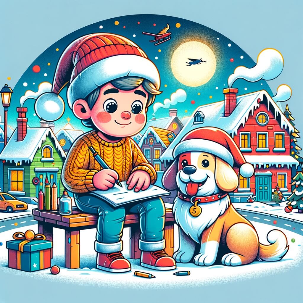 Une illustration pour enfants représentant un petit garçon plein de curiosité et d'imagination, vivant une aventure magique lorsqu'il envoie une lettre spéciale au père Noël, dans un village enneigé appelé Joyeuxbourg.