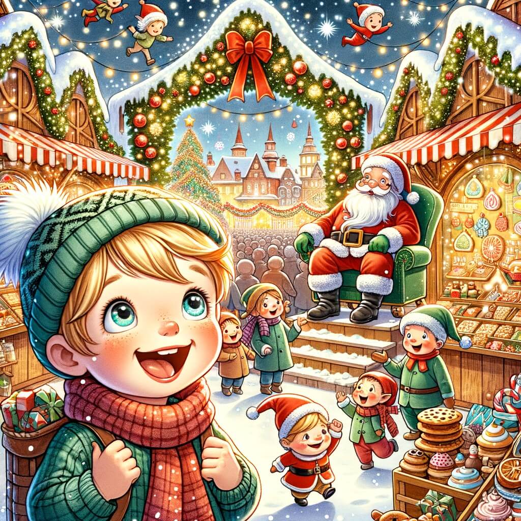 Une illustration pour enfants représentant un petit garçon plein d'excitation, entouré de décorations de Noël, dans un marché féerique.