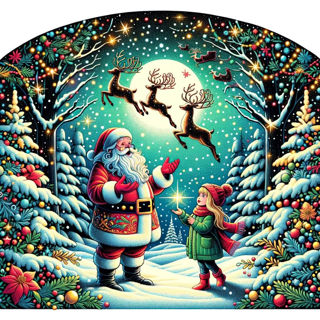 Une illustration destinée aux enfants représentant une petite fille, émerveillée, qui rencontre le père Noël dans un magnifique jardin enneigé, entouré de sapins scintillants et de rennes volants.