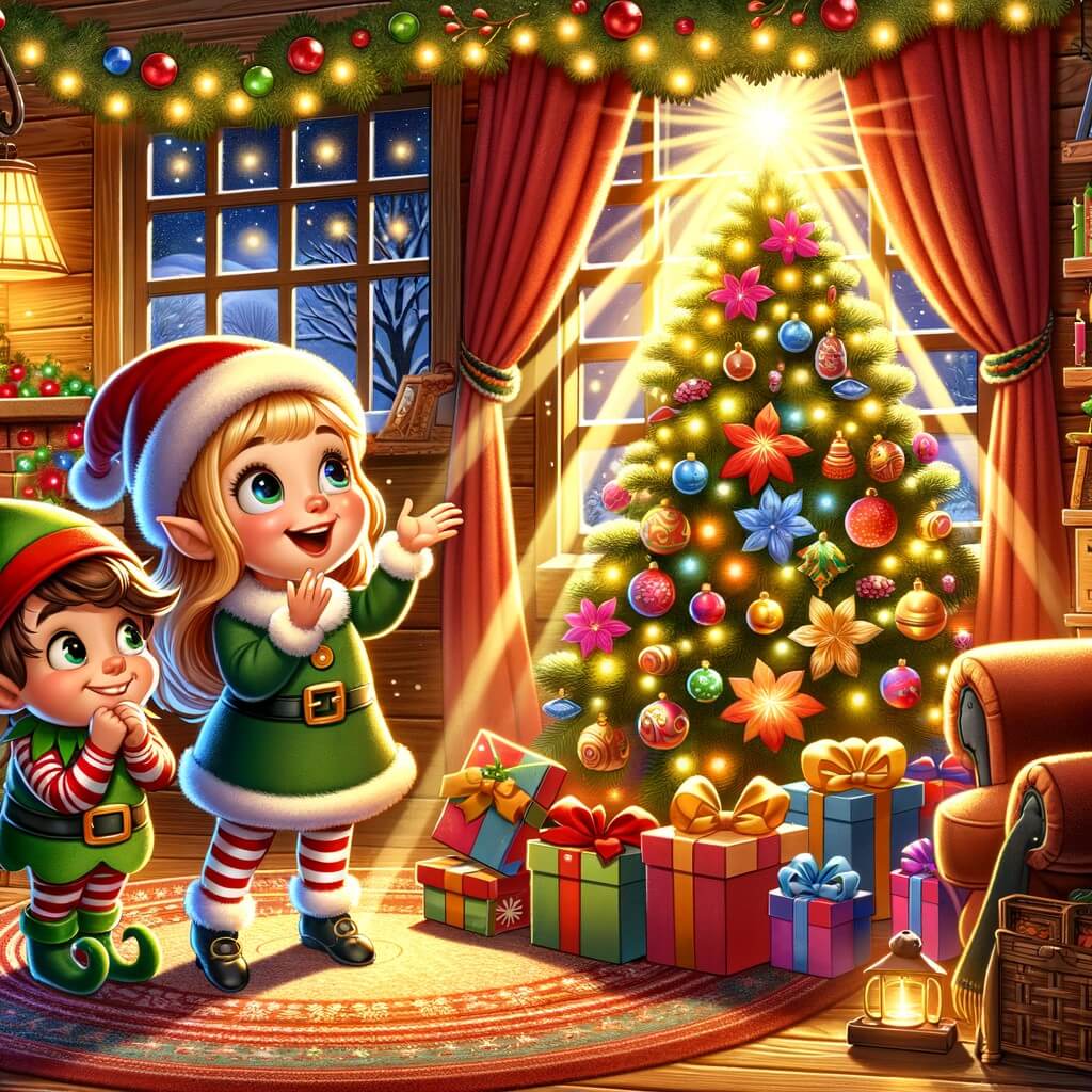Une illustration destinée aux enfants représentant une petite fille émerveillée par la magie de Noël, accompagnée d'un lutin espiègle, dans un salon chaleureux décoré d'un sapin illuminé et entouré de cadeaux colorés.