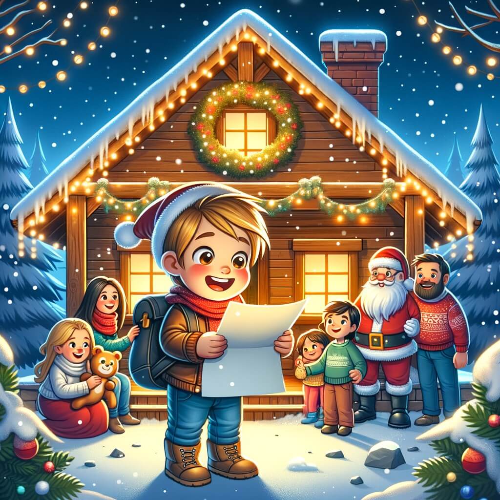 Une illustration pour enfants représentant un petit garçon plein d'enthousiasme découvrant une lettre mystérieuse qui va l'emmener dans une aventure magique au cœur de Noël, dans un village enneigé.