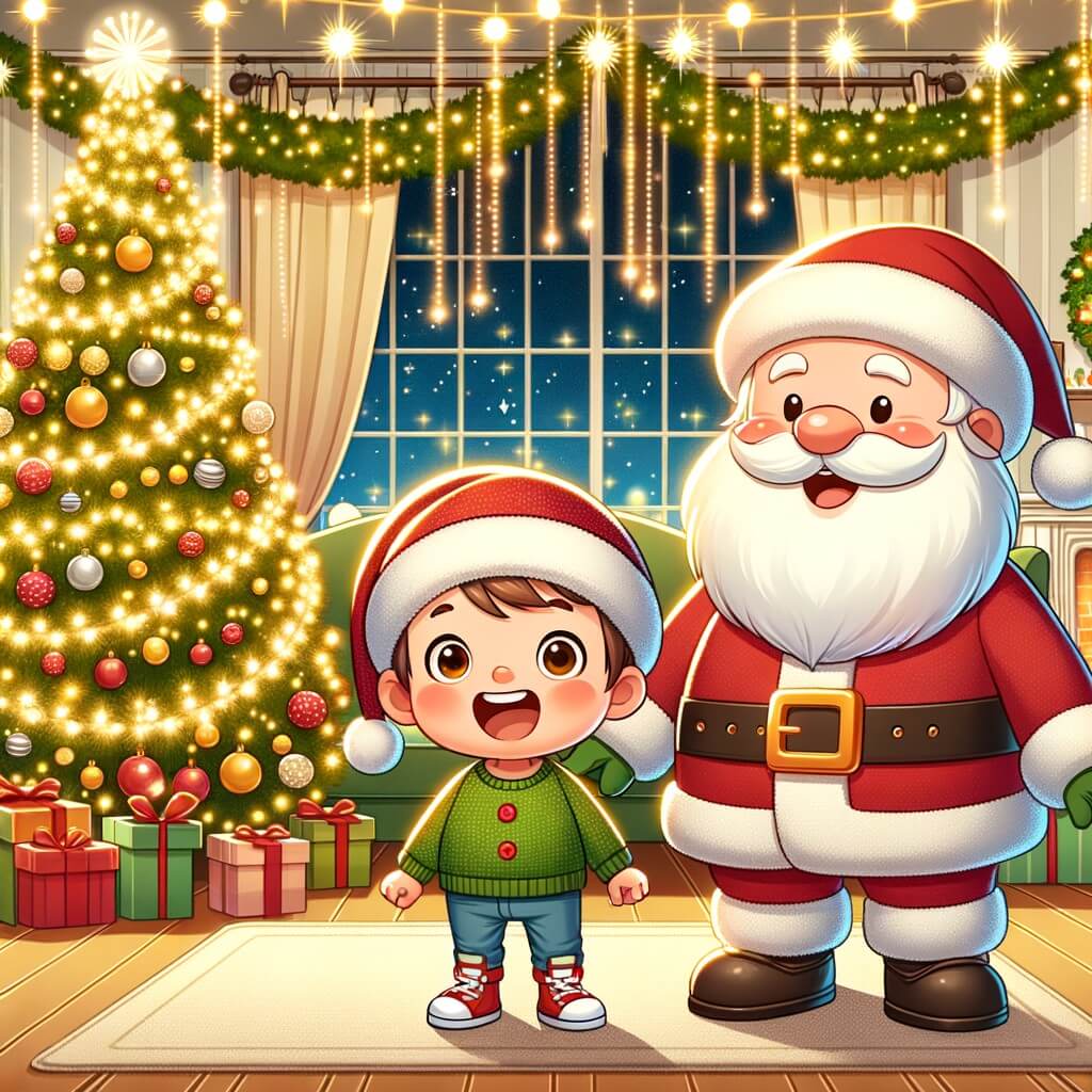 Une illustration destinée aux enfants représentant un petit garçon plein d'enthousiasme, accompagné du Père Noël, dans un magnifique salon décoré de guirlandes scintillantes et d'un grand sapin de Noël illuminé.