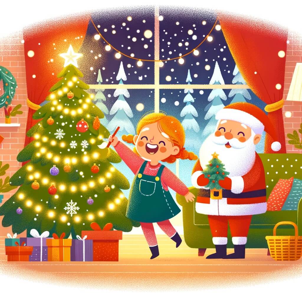 Une illustration pour enfants représentant une petite fille pleine d'excitation, préparant le sapin de Noël dans un chalet enneigé.