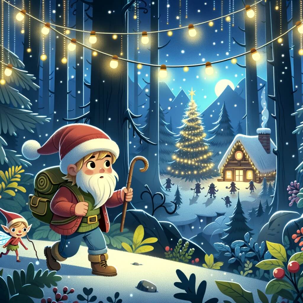 Une illustration destinée aux enfants représentant un petit garçon aventureux, accompagné d'un lutin espiègle, explorant un village du Père Noël caché au fond d'une forêt enchantée, illuminé par des guirlandes scintillantes et des sapins majestueux.