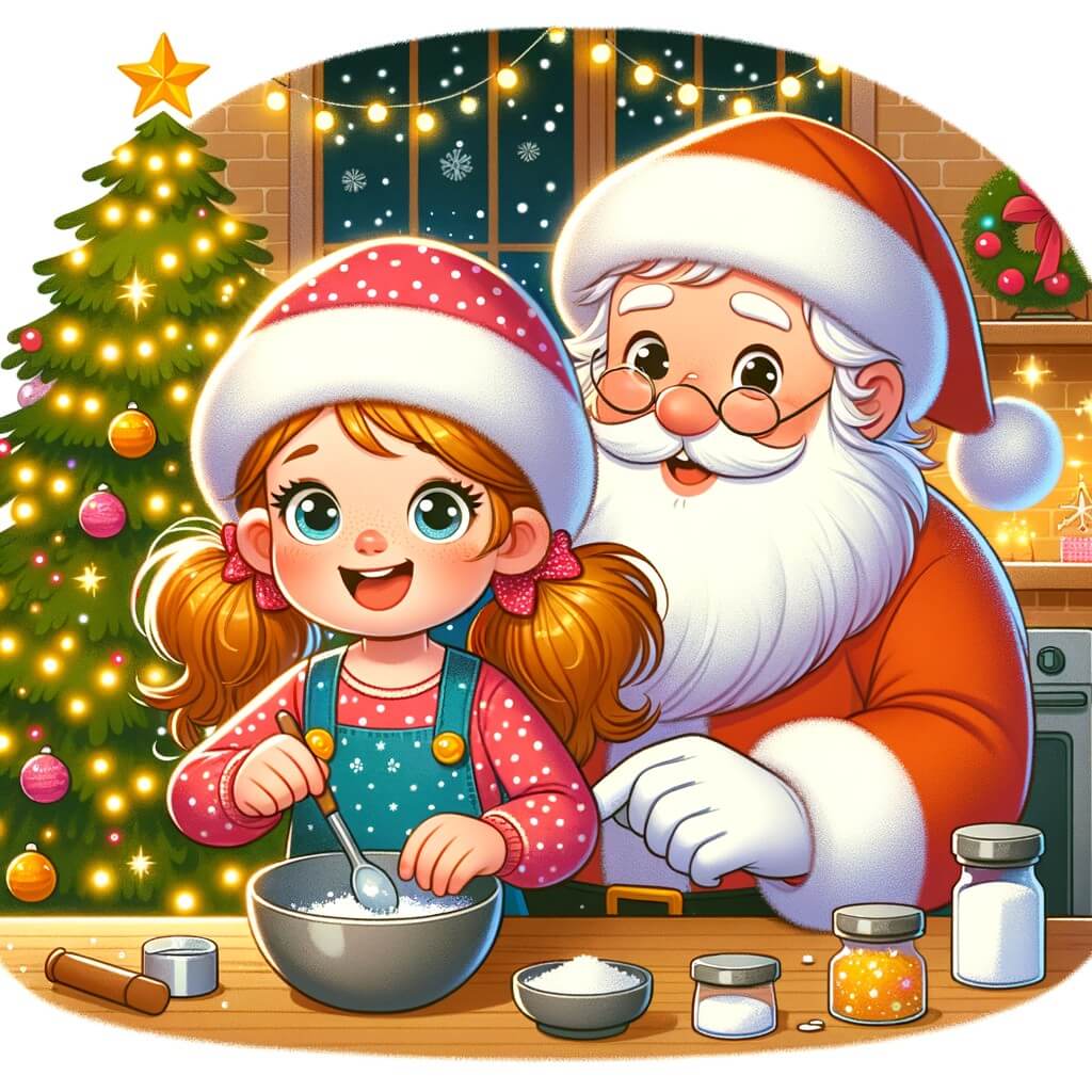 Une illustration destinée aux enfants représentant une petite fille pleine d'enthousiasme préparant une surprise de Noël, accompagnée d'un Père Noël chaleureux, dans une maison décorée de guirlandes lumineuses et d'un sapin scintillant.