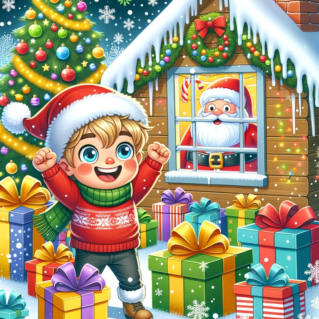 Une illustration destinée aux enfants représentant un petit garçon plein d'excitation, entouré de cadeaux et de flocons de neige, dans une maison joliment décorée pour Noël, avec le Père Noël en arrière-plan.