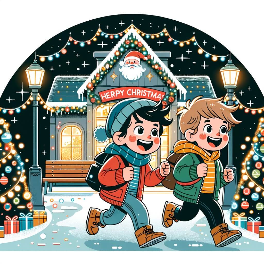 Une illustration destinée aux enfants représentant un petit garçon plein d'enthousiasme, accompagné de son ami, se rendant à la maison du père Noël, située au cœur d'un centre commercial scintillant de lumières et décoré de guirlandes colorées.