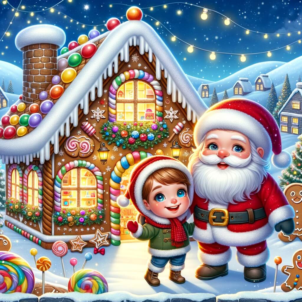 Une illustration pour enfants représentant un petit garçon qui rêve de passer une journée à la fabrique de jouets du Père Noël, dans une ambiance magique de Noël.