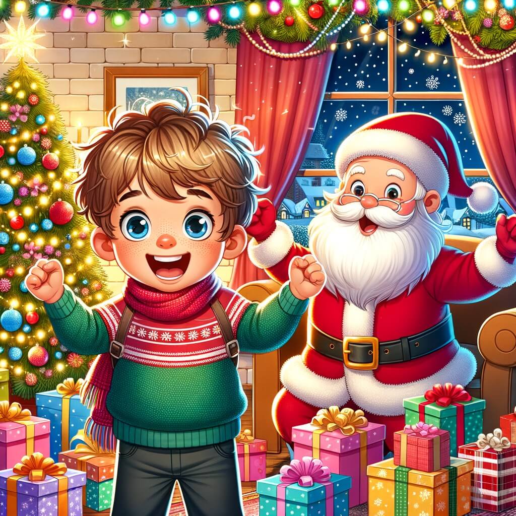 Une illustration pour enfants représentant un petit garçon écrivant une lettre au Père Noël dans son salon décoré pour Noël.