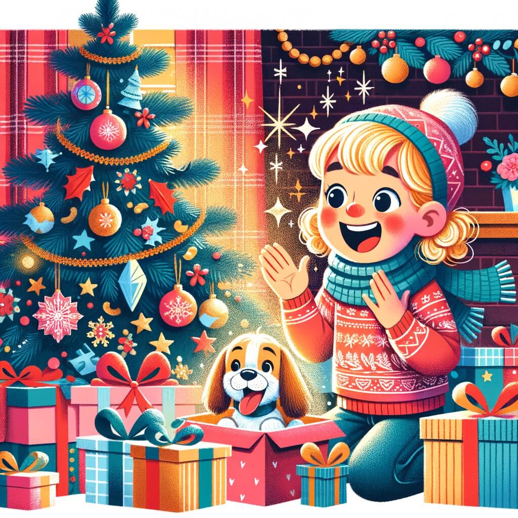 Une illustration pour enfants représentant une petite fille pleine d'énergie, écrivant une lettre au Père Noël, dans sa maison décorée pour Noël.