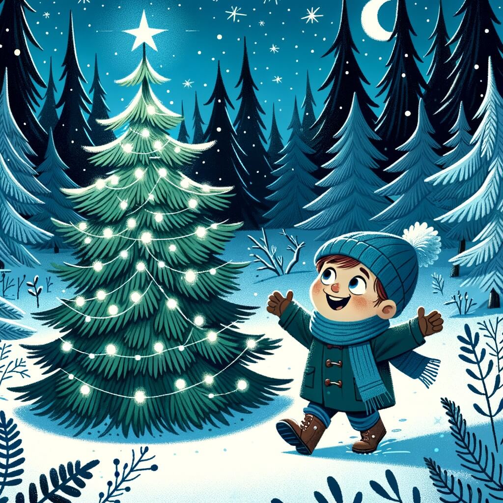 Une illustration destinée aux enfants représentant un petit garçon plein d'enthousiasme et de curiosité, se trouvant dans une forêt hivernale magique, avec un sapin de Noël solitaire à ses côtés, prêt à vivre une aventure extraordinaire.
