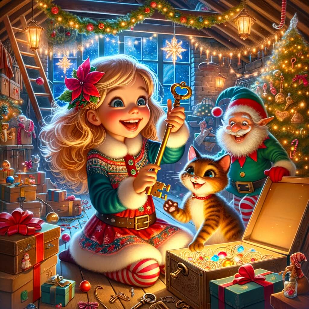Une illustration pour enfants représentant une petite fille pleine d'enthousiasme découvrant un monde magique caché dans le grenier de sa maison, à l'approche de Noël.