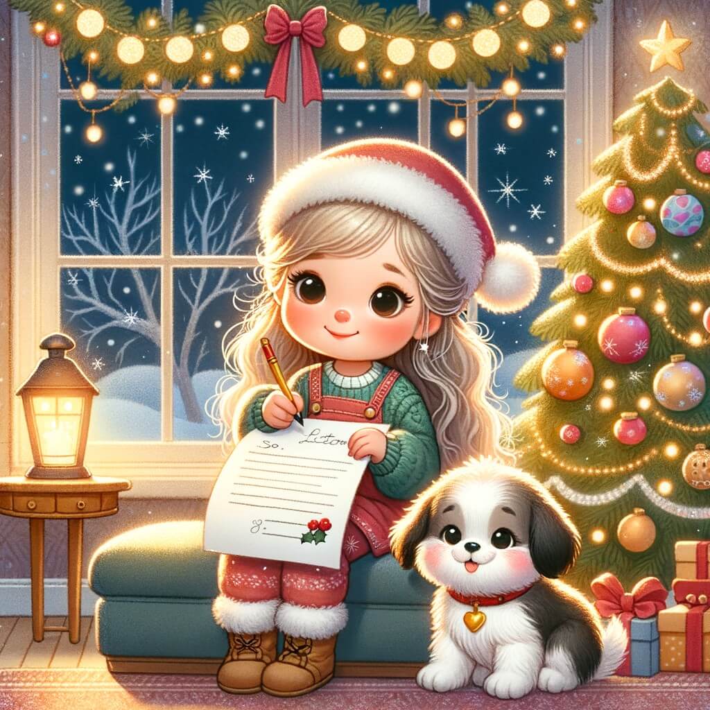 Une illustration destinée aux enfants représentant une petite fille pleine d'espoir, écrivant sa lettre au Père Noël, accompagnée de son fidèle chiot, dans une chambre chaleureuse décorée de guirlandes lumineuses et d'un sapin scintillant.