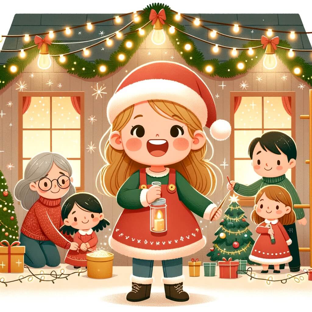 Une illustration destinée aux enfants représentant une petite fille enthousiaste, entourée de sa famille, préparant la fête de Noël dans une maison chaleureuse et décorée de guirlandes lumineuses, de boules scintillantes et de guirlandes de houx.