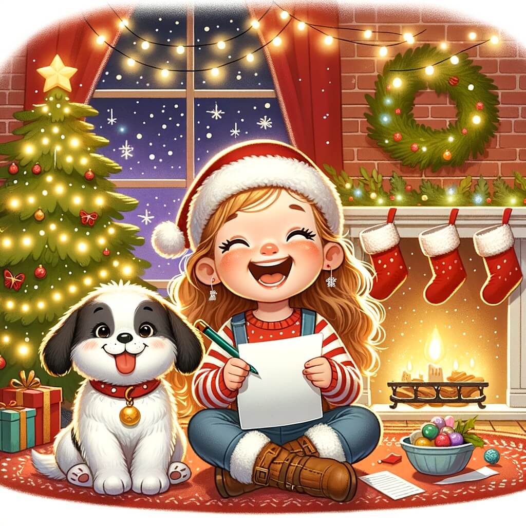 Une illustration pour enfants représentant une petite fille écrivant une lettre au Père Noël dans sa chambre décorée pour Noël.
