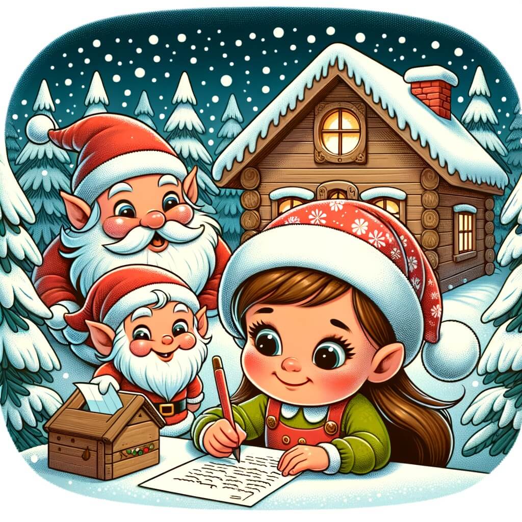 Une illustration destinée aux enfants représentant une petite fille aux joues rosées, écrivant une lettre au Père Noël dans une petite maison en bois, entourée de sapins enneigés, tandis que deux lutins malicieux l'observent avec un grand sourire.