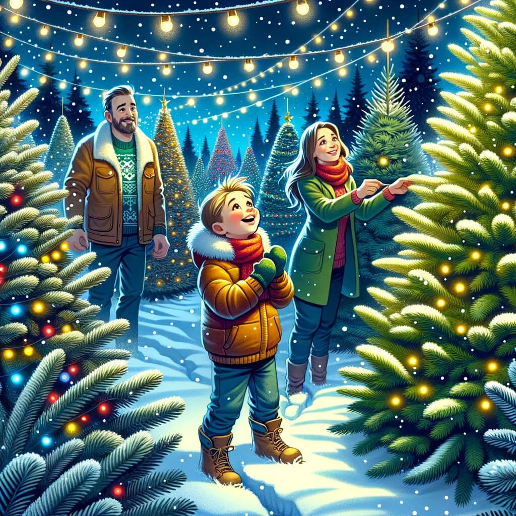 Une illustration pour enfants représentant un petit garçon passionné par Noël qui part à la recherche du sapin parfait dans une ferme de Noël.