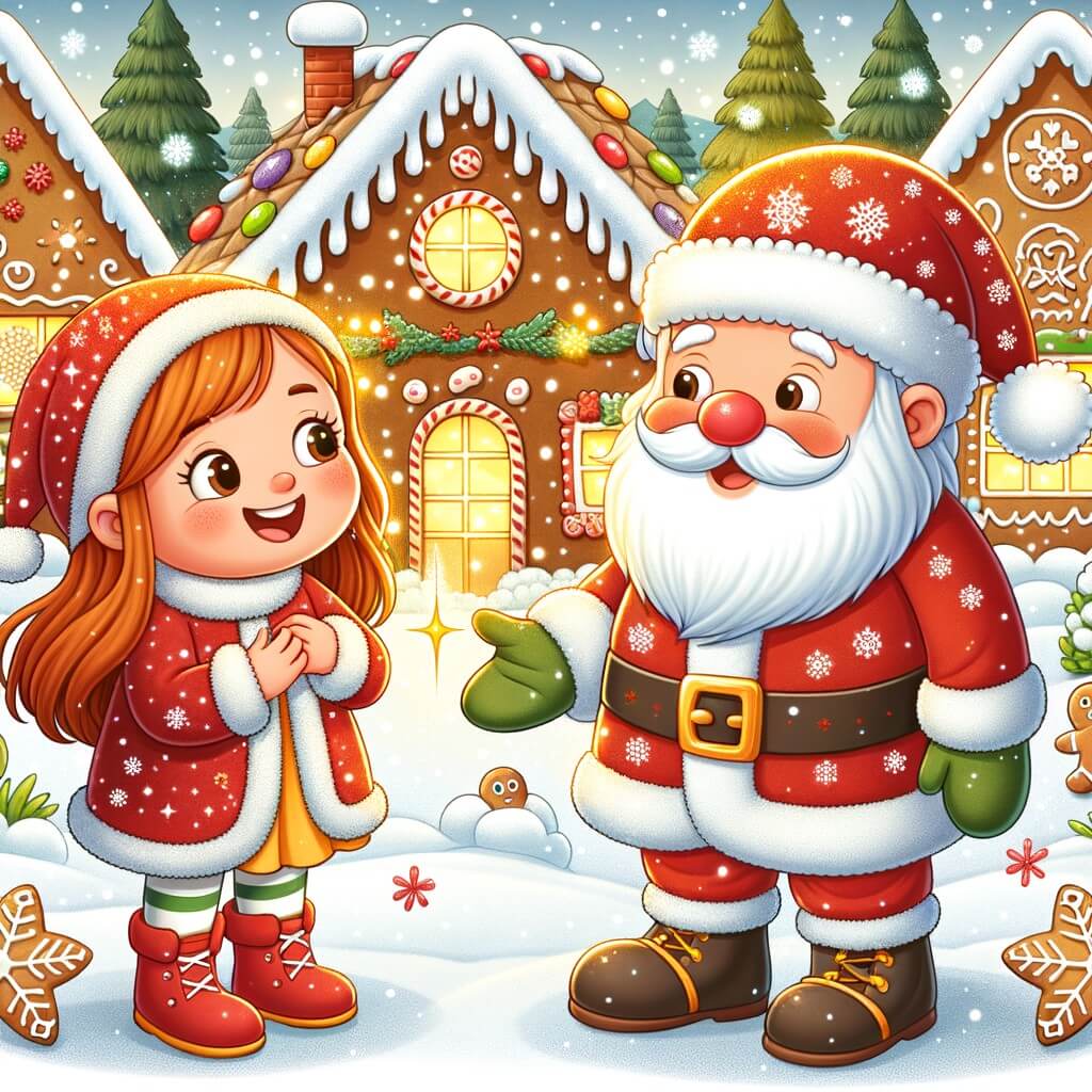Une illustration destinée aux enfants représentant une petite fille joyeuse, entourée de flocons de neige scintillants, qui rencontre un Père Noël souriant et bienveillant, dans un village enneigé, avec des maisons en pain d'épice aux toits en sucre glace.