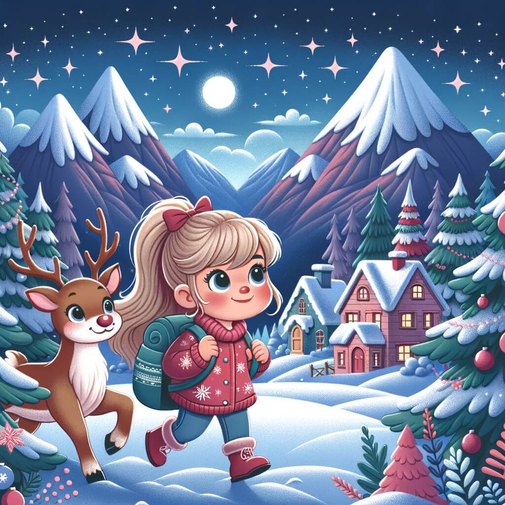 Une illustration destinée aux enfants représentant une petite fille aux yeux pétillants de curiosité, plongée dans une aventure magique de Noël, accompagnée d'un renne au nez rouge, dans un village enneigé entouré de montagnes majestueuses.
