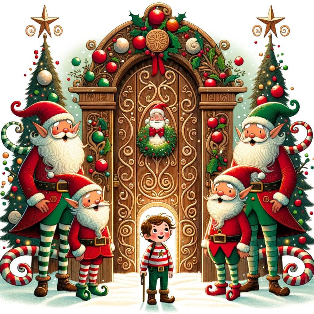 Une illustration destinée aux enfants représentant un petit garçon plein d'excitation, entouré de lutins joyeux, devant une grande porte en bois ornée de jolies décorations de Noël, marquant l'entrée de la forêt enchantée où il va rencontrer le Père Noël.