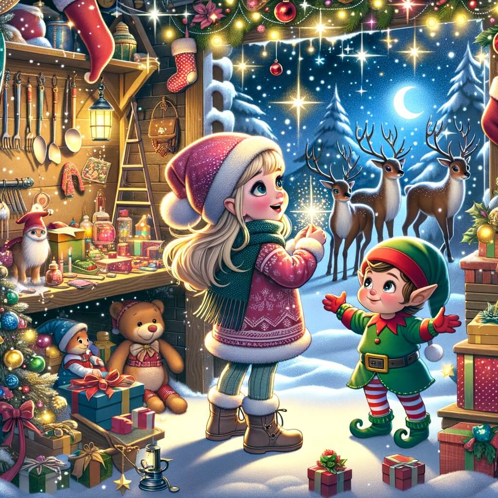 Une illustration destinée aux enfants représentant une petite fille émerveillée par la magie de Noël, accompagnée d'un lutin, dans un atelier rempli de jouets étincelants et de rennes au Pôle Nord.