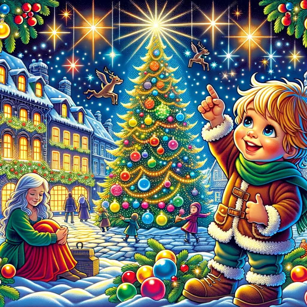 Une illustration pour enfants représentant un petit garçon plein d'excitation, découvrant des cadeaux sous le sapin de Noël, dans une petite ville illuminée par la magie des fêtes.