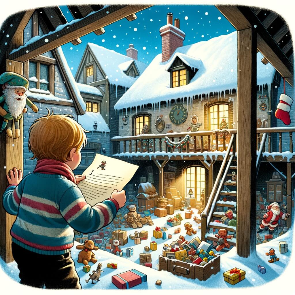 Une illustration pour enfants représentant un petit garçon curieux découvrant une lettre au Père Noël dans le grenier de sa maison, déclenchant ainsi une aventure magique qui se déroule dans un village enneigé.