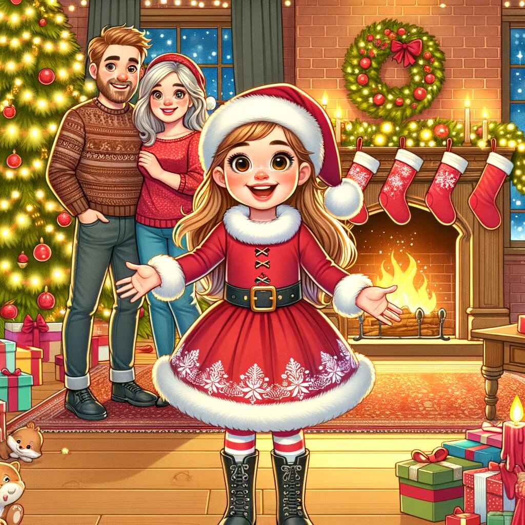 Une illustration pour enfants représentant une petite fille pleine d'enthousiasme se préparant pour aider le Père Noël lors de la veille de Noël dans une maison chaleureuse et festive.
