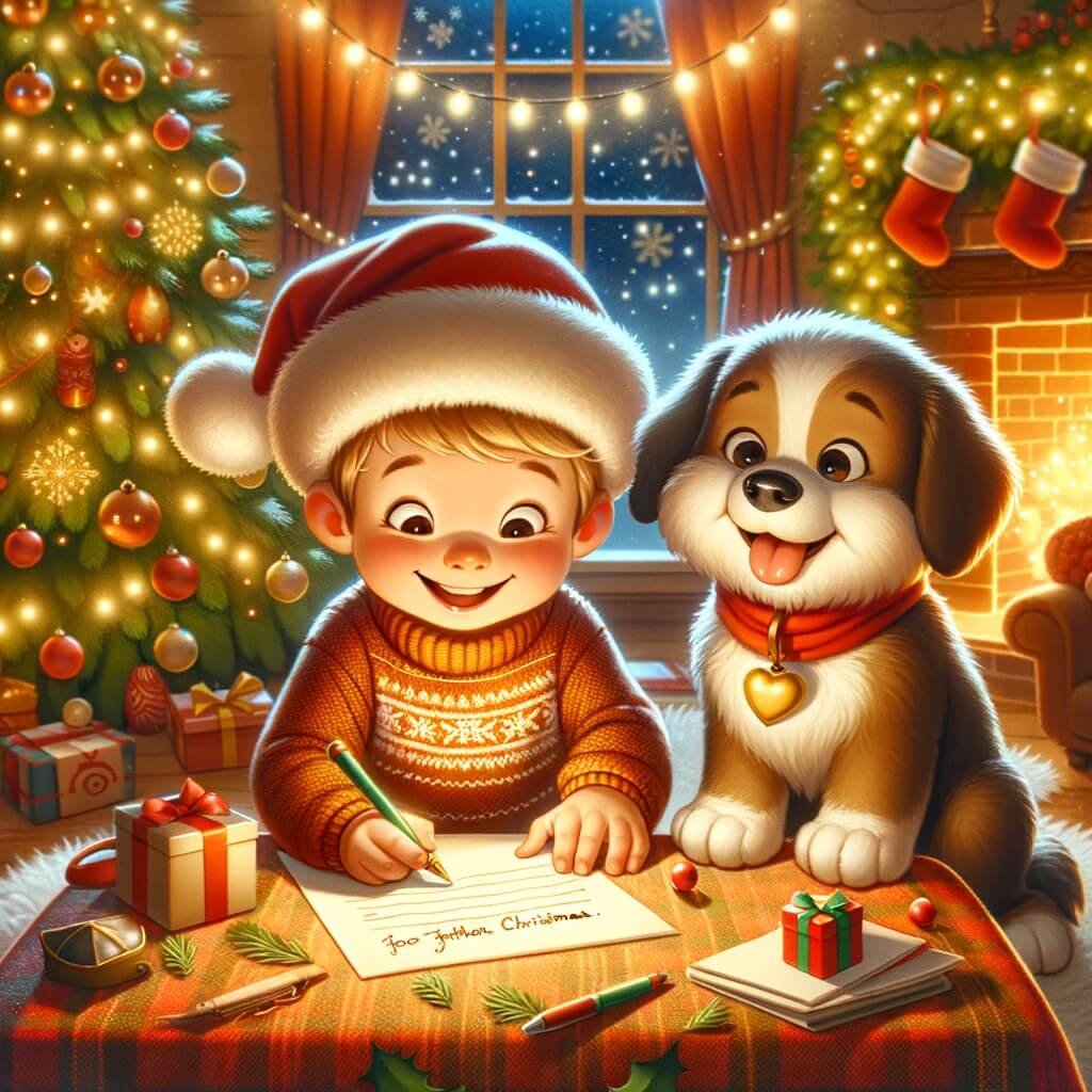 Une illustration pour enfants représentant un petit garçon plein d'excitation qui écrit une lettre au Père Noël dans son chalet enneigé.