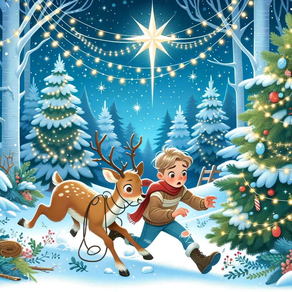 Une illustration destinée aux enfants représentant un petit garçon passionné par Noël, qui se retrouve embarqué dans une aventure magique avec un renne blessé, à la recherche d'une étoile mystérieuse, dans une forêt enneigée aux arbres couverts de guirlandes scintillantes.