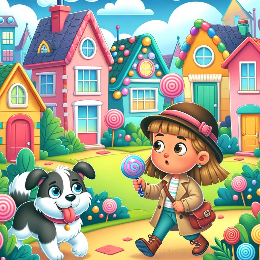 Une illustration pour enfants représentant une petite fille triste après avoir perdu sa balle préférée dans un quartier animé.