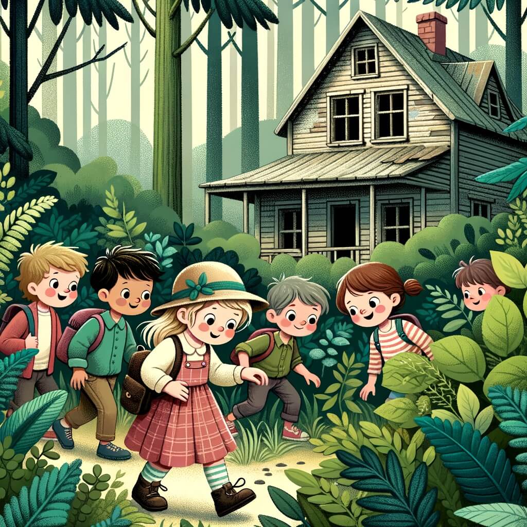 Une illustration destinée aux enfants représentant une petite fille curieuse, accompagnée de ses amis, explorant une maison abandonnée dans une forêt dense, à la recherche d'un mystérieux trésor caché.