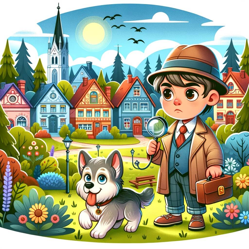 Une illustration pour enfants représentant un petit garçon curieux et intelligent se lançant dans une enquête captivante pour résoudre la mystérieuse disparition d'un chien, dans un paisible village entouré d'une forêt mystique.