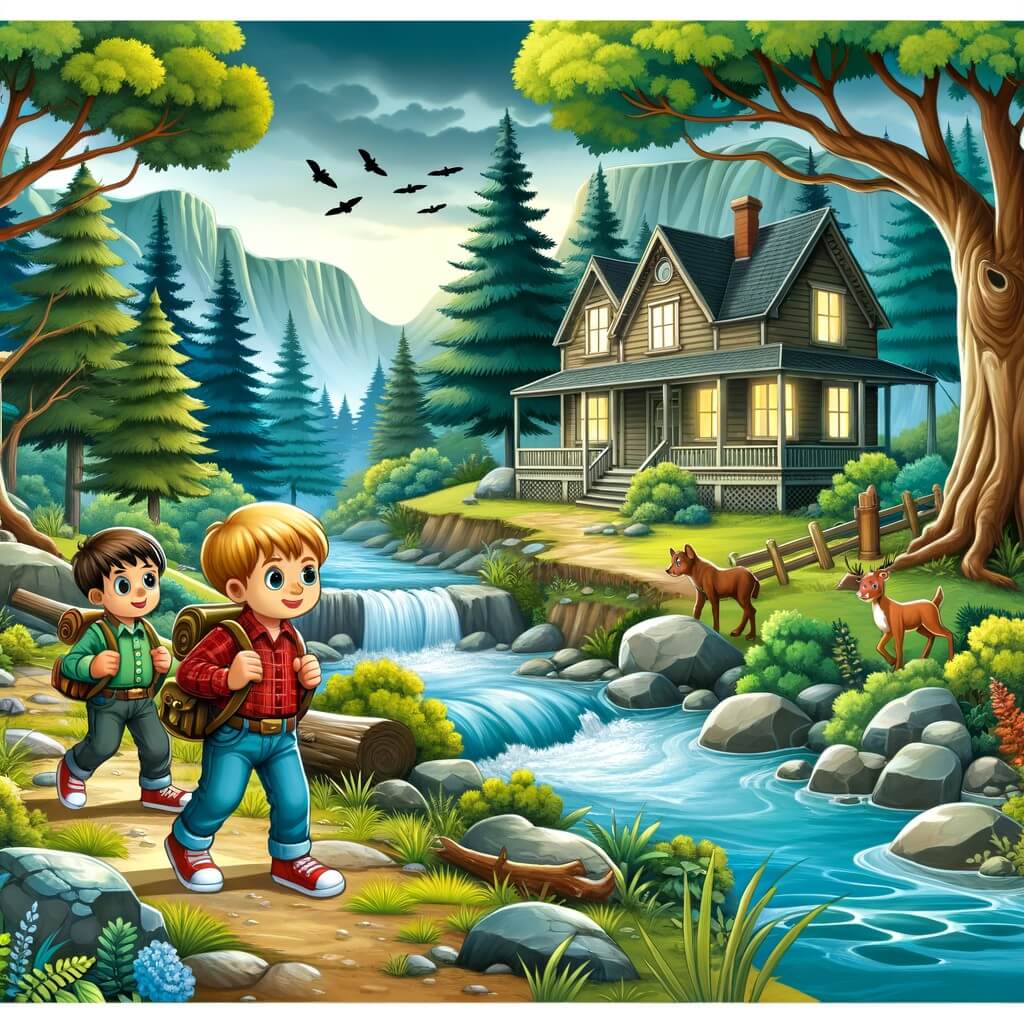 Une illustration destinée aux enfants représentant un petit garçon curieux et intelligent, accompagné de son ami, explorant une mystérieuse maison abandonnée entourée d'arbres majestueux près d'une rivière scintillante dans un petit village tranquille.