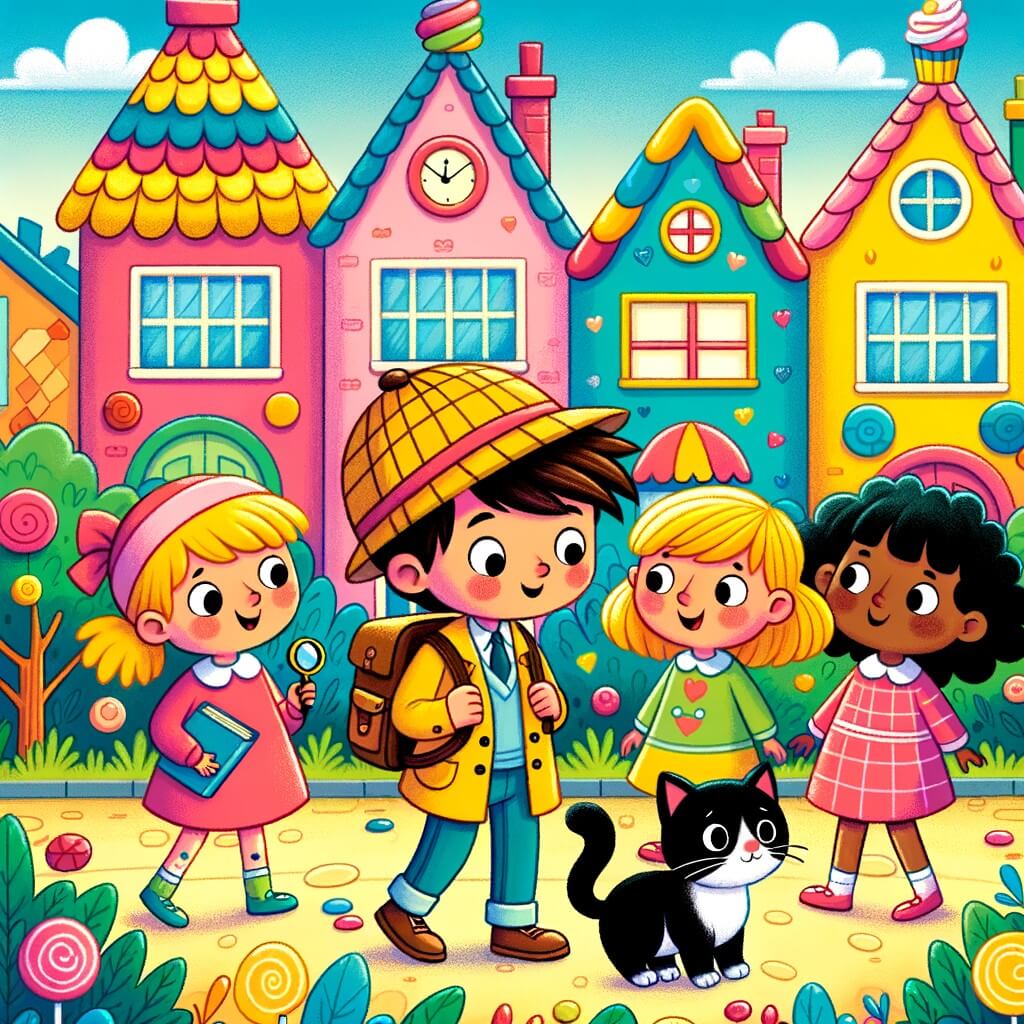 Une illustration destinée aux enfants représentant une petite fille curieuse, accompagnée de ses amis, enquêtant sur la mystérieuse disparition de son chat bien-aimé, dans un quartier coloré et animé avec des maisons aux toits en forme de cupcakes et des arbres en bonbons.