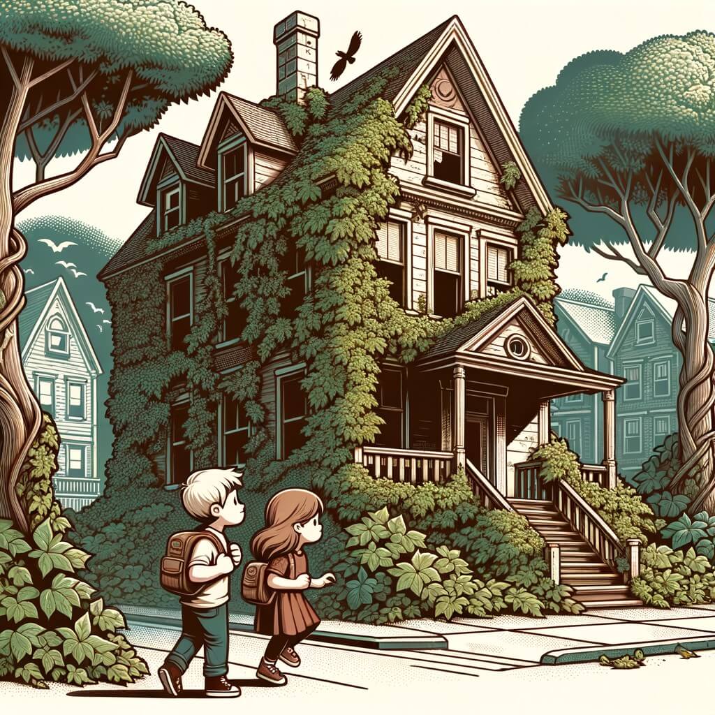 Une illustration destinée aux enfants représentant un petit garçon curieux, accompagné de son amie, explorant une maison abandonnée recouverte de lierre, avec des fenêtres cassées et des volets en bois qui grincent, dans un quartier calme aux rues bordées d'arbres majestueux.