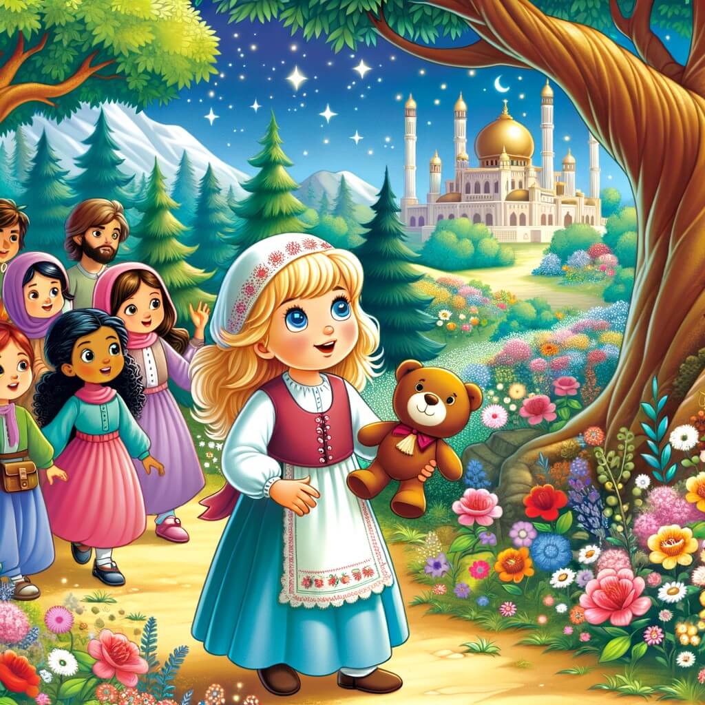 Une illustration destinée aux enfants représentant une petite fille curieuse, accompagnée de ses amis, explorant un jardin enchanté rempli de fleurs colorées et d'arbres majestueux, à la recherche d'une peluche disparue.